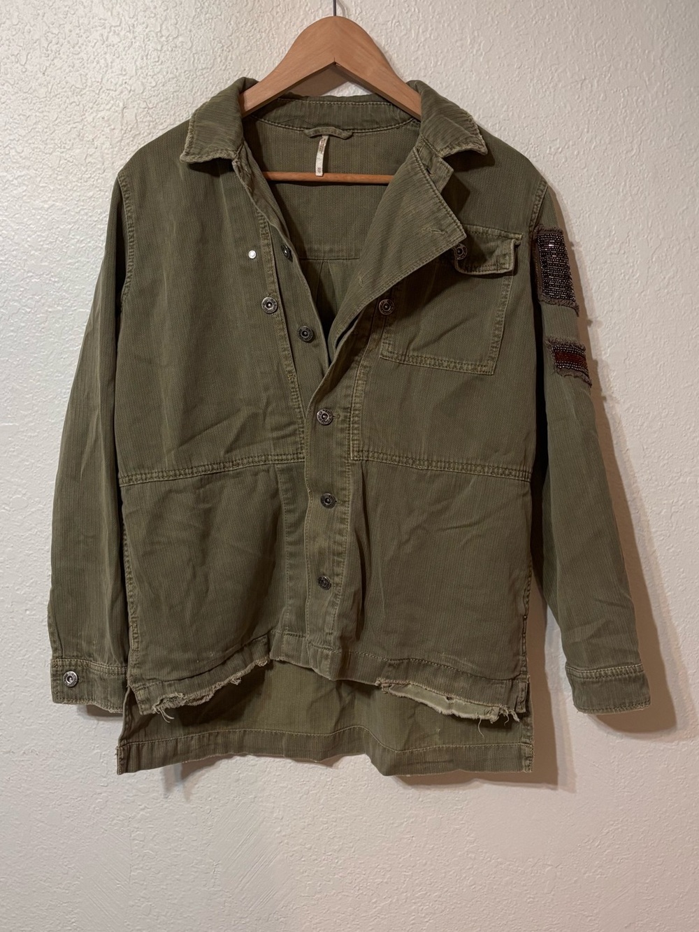 Free People Distressed Beaded Military Jacket XS